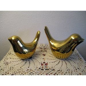 Set of 2 Gold Metallic Ceramic Doves Small/Medium Spring Bird Decor Tier Tray